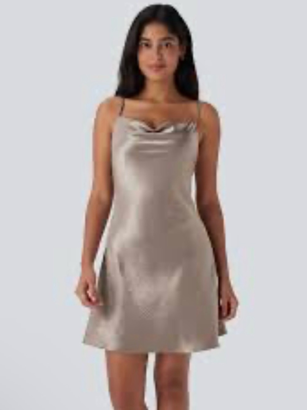 Halara Women's Cowl Neck Satin Mini Casual Slip Dress Pumice Stone NEW Small S